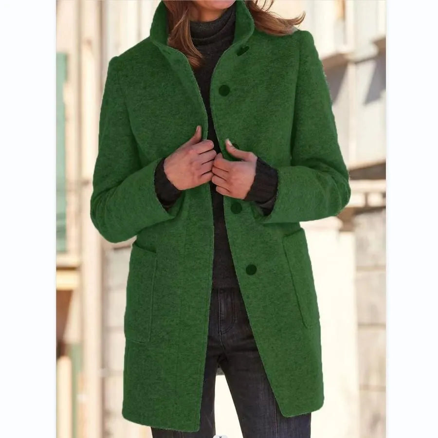 Women's Button-Front Wool-Blend Coat with Stand Collar