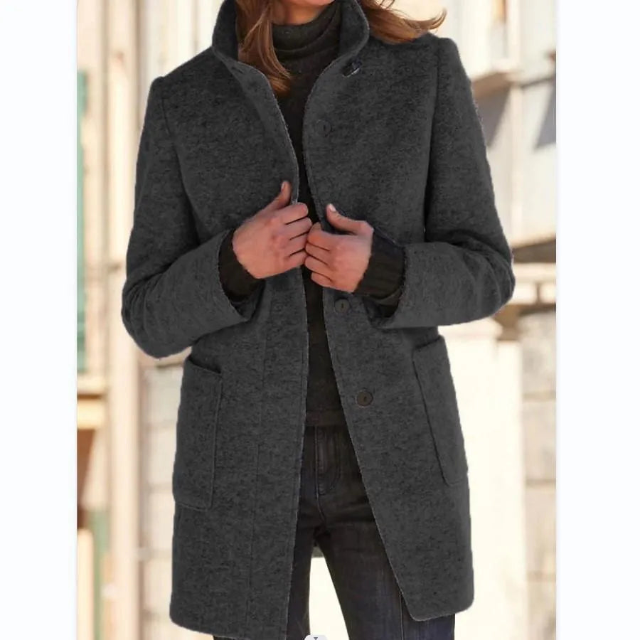 Women's Button-Front Wool-Blend Coat with Stand Collar