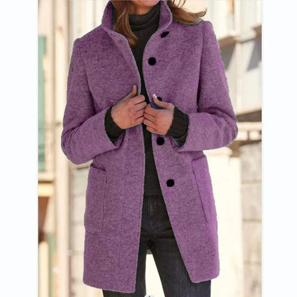 Women's Button-Front Wool-Blend Coat with Stand Collar