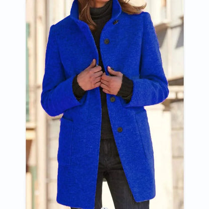 Women's Button-Front Wool-Blend Coat with Stand Collar