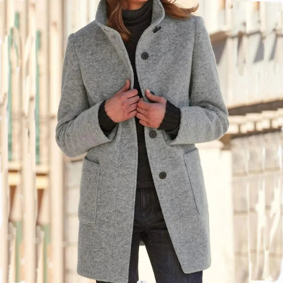 Women's Button-Front Wool-Blend Coat with Stand Collar
