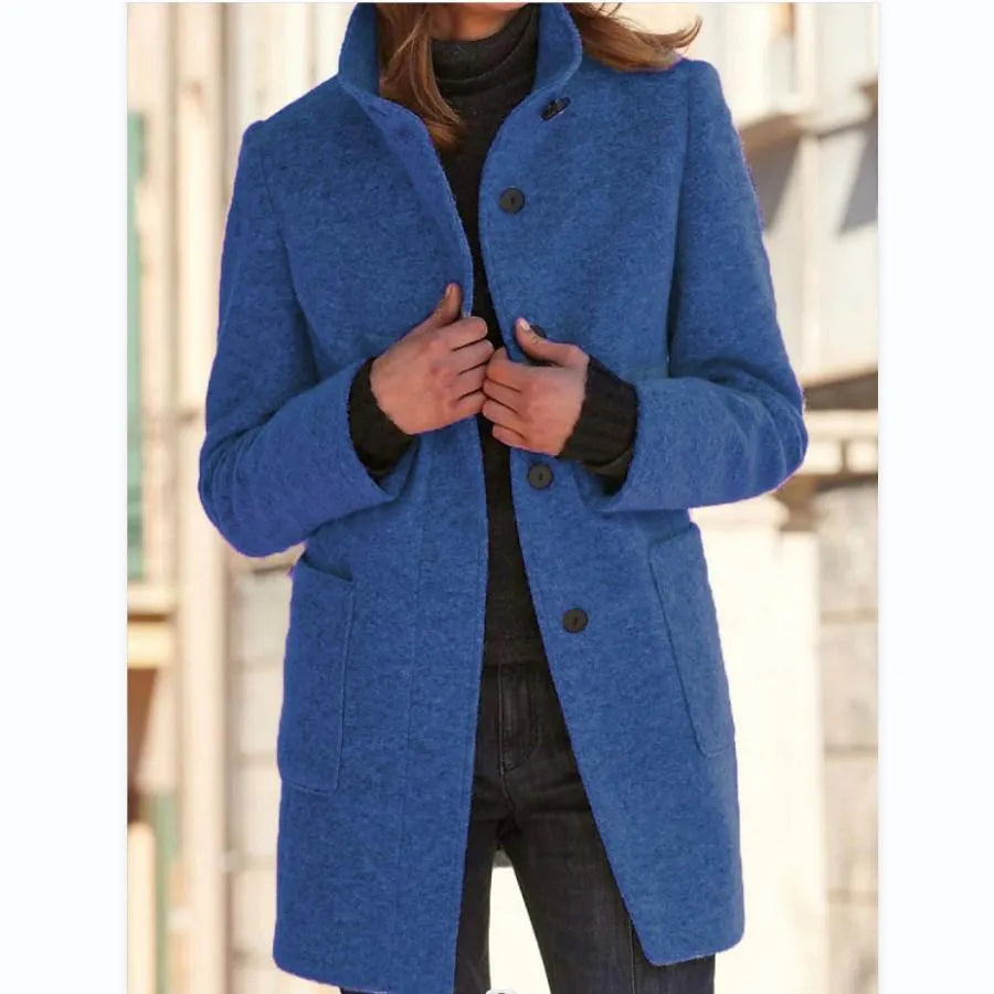 Women's Button-Front Wool-Blend Coat with Stand Collar
