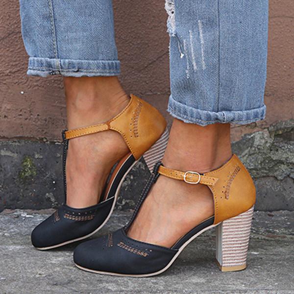 Women's T-Strap Block Heel Pumps Vintage Two-Tone