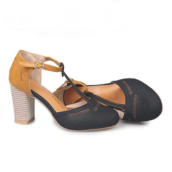 Women's T-Strap Block Heel Pumps Vintage Two-Tone