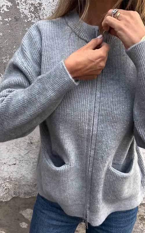 Women's Ribbed Zip-Up Cardigan with Patch Pockets