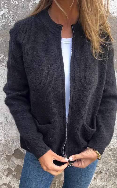 Women's Ribbed Zip-Up Cardigan with Patch Pockets
