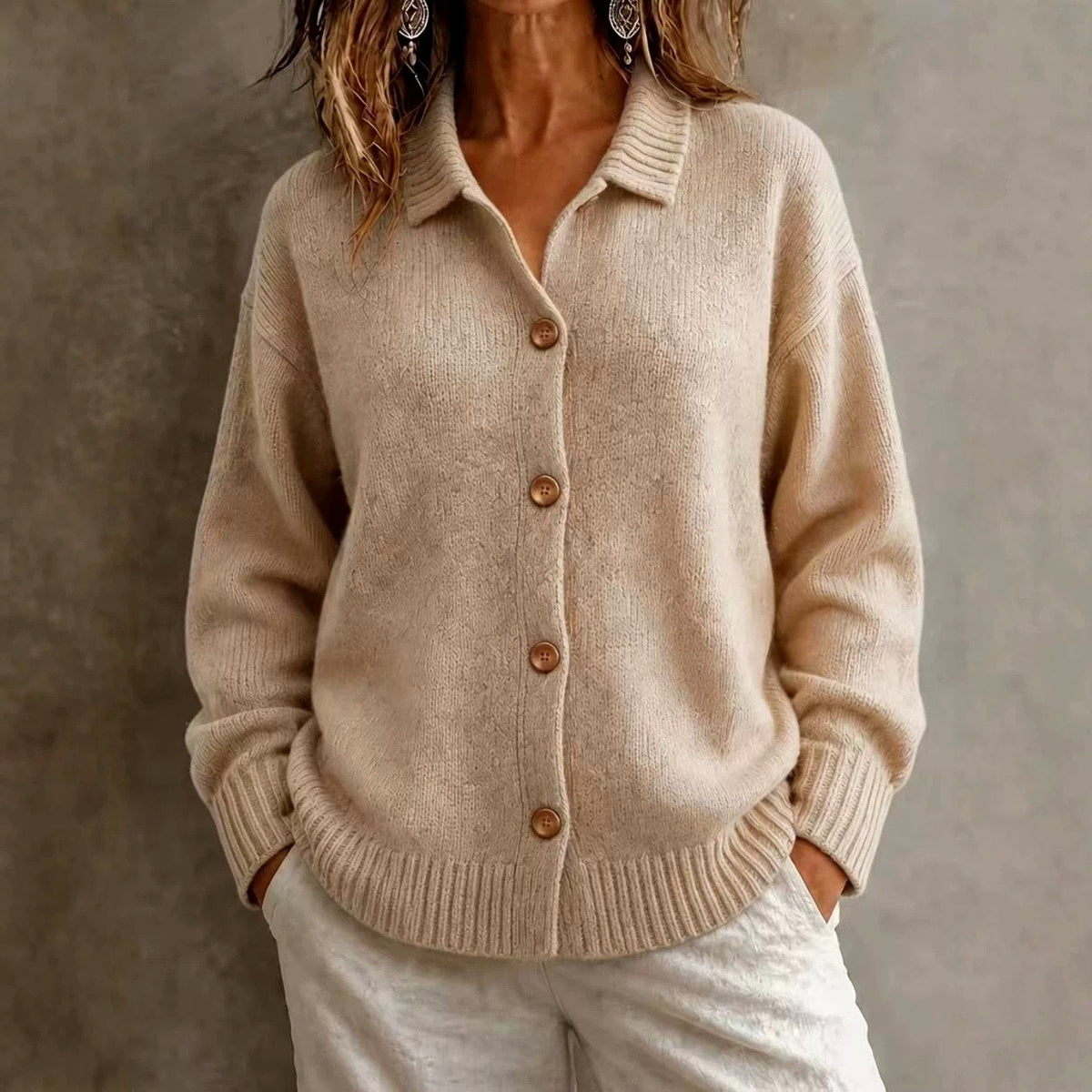 Kaia - Women's Collared Button-Front Knit Cardigan