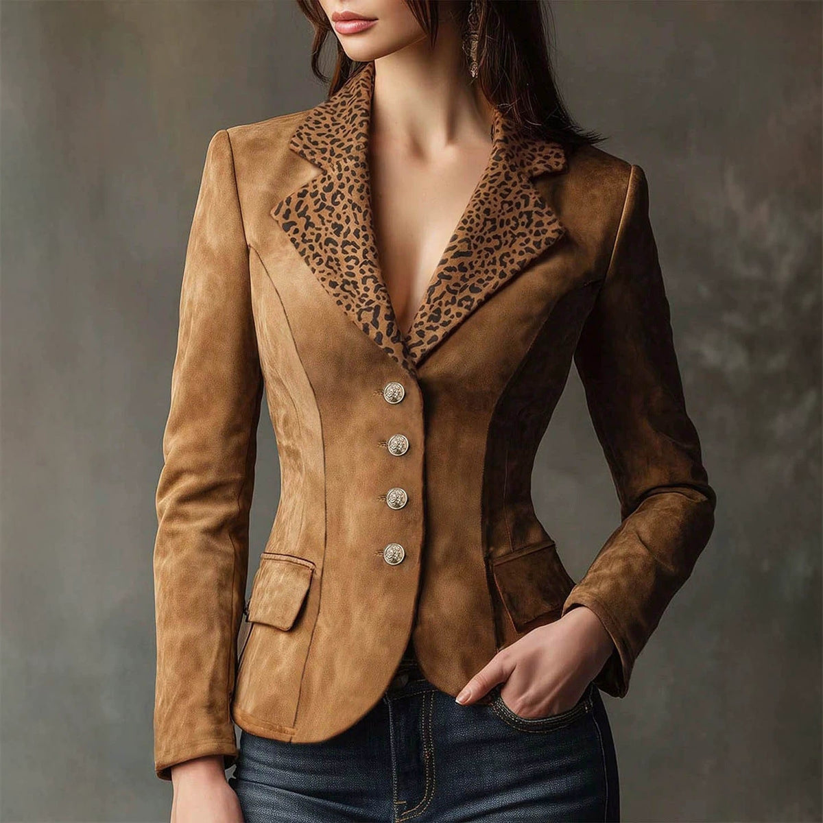 Kalliope - Women's Faux Suede Leopard Lapel Blazer