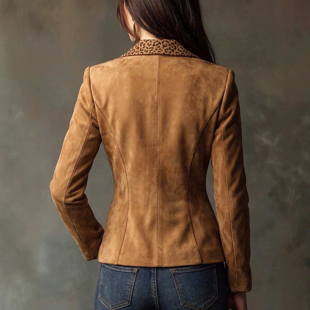 Kalliope - Women's Faux Suede Leopard Lapel Blazer