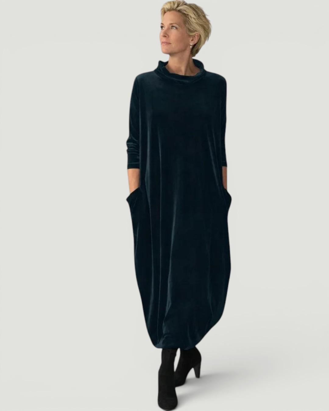 Women's Velvet Maxi Dress, Cowl Neck, 3/4 Sleeves