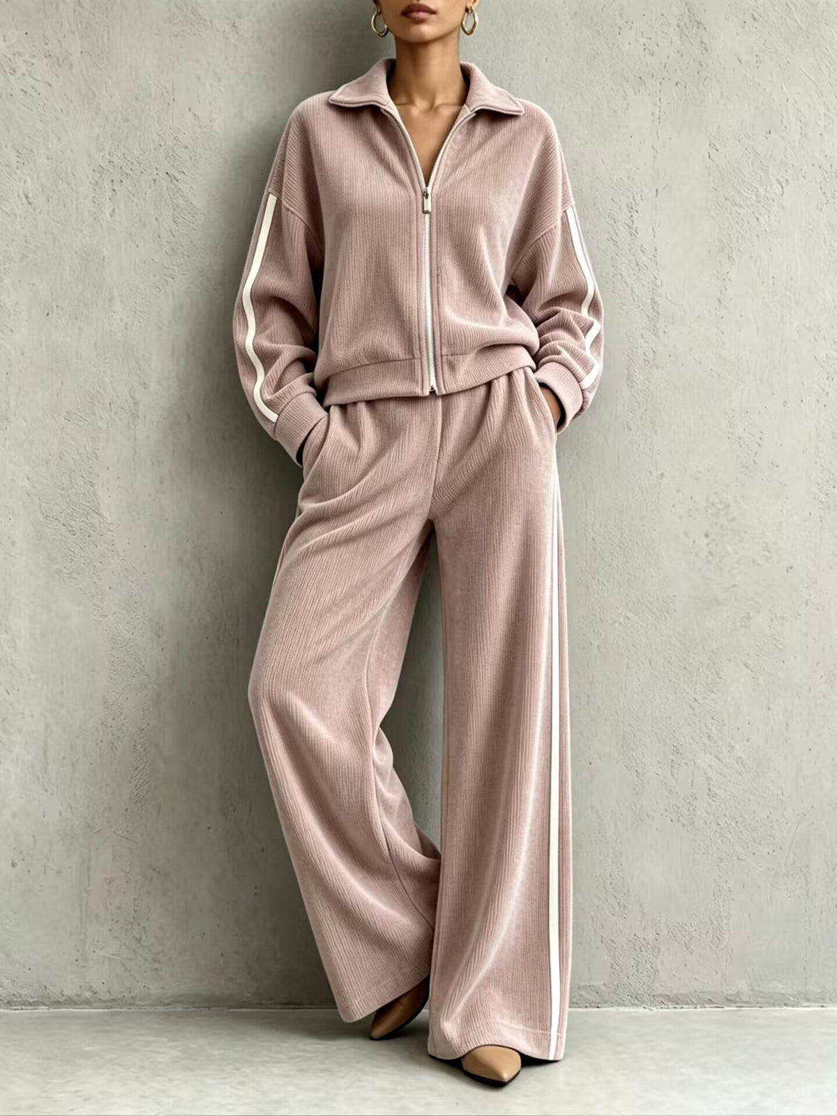 Kendall - Women's Ribbed Zip-Up Two-Piece Lounge Set