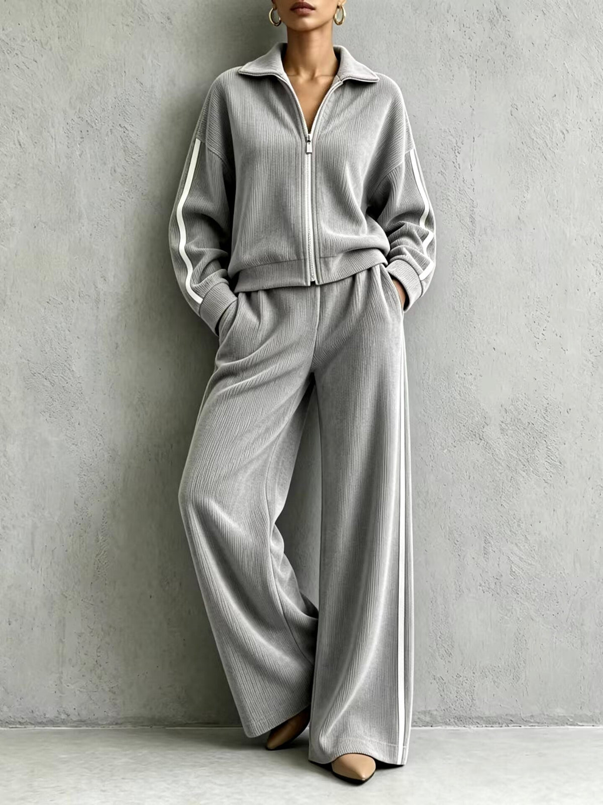 Kendall - Women's Ribbed Zip-Up Two-Piece Lounge Set