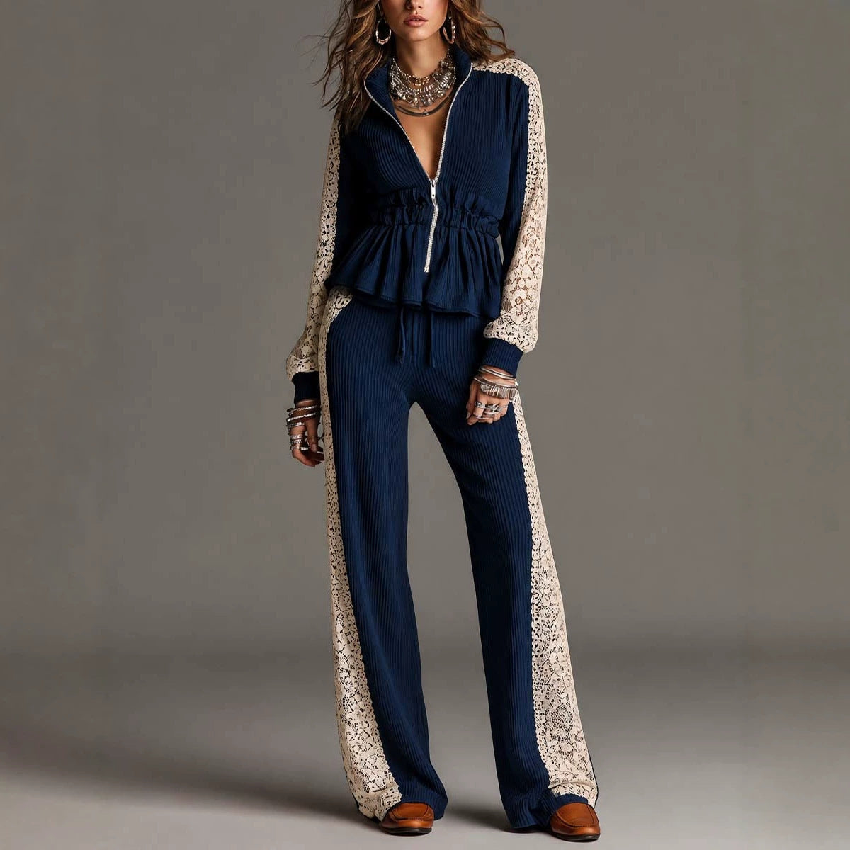 Keri - Women's Ribbed Lace Panel Matching Set