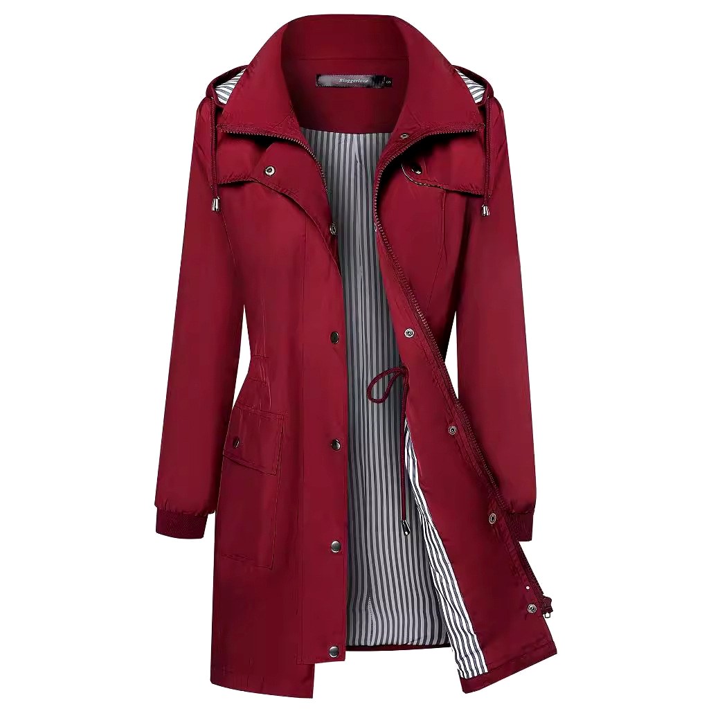 Kimberly - Women's Hooded Drawstring Long Rain Jacket