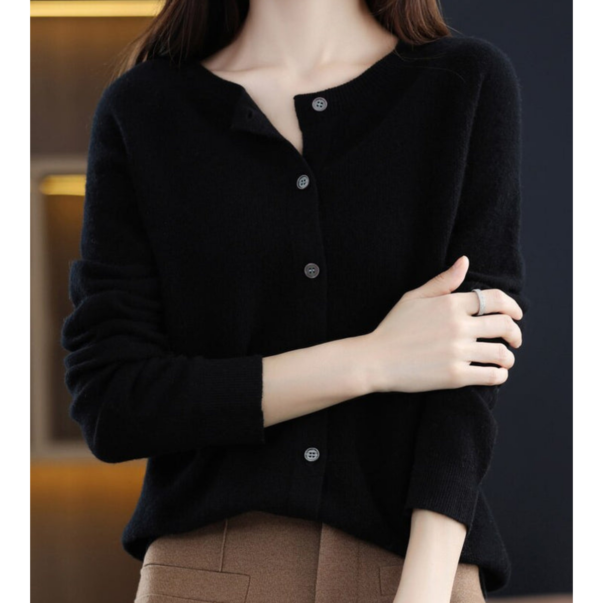 Women's Button-Front Cardigan with Round Neck