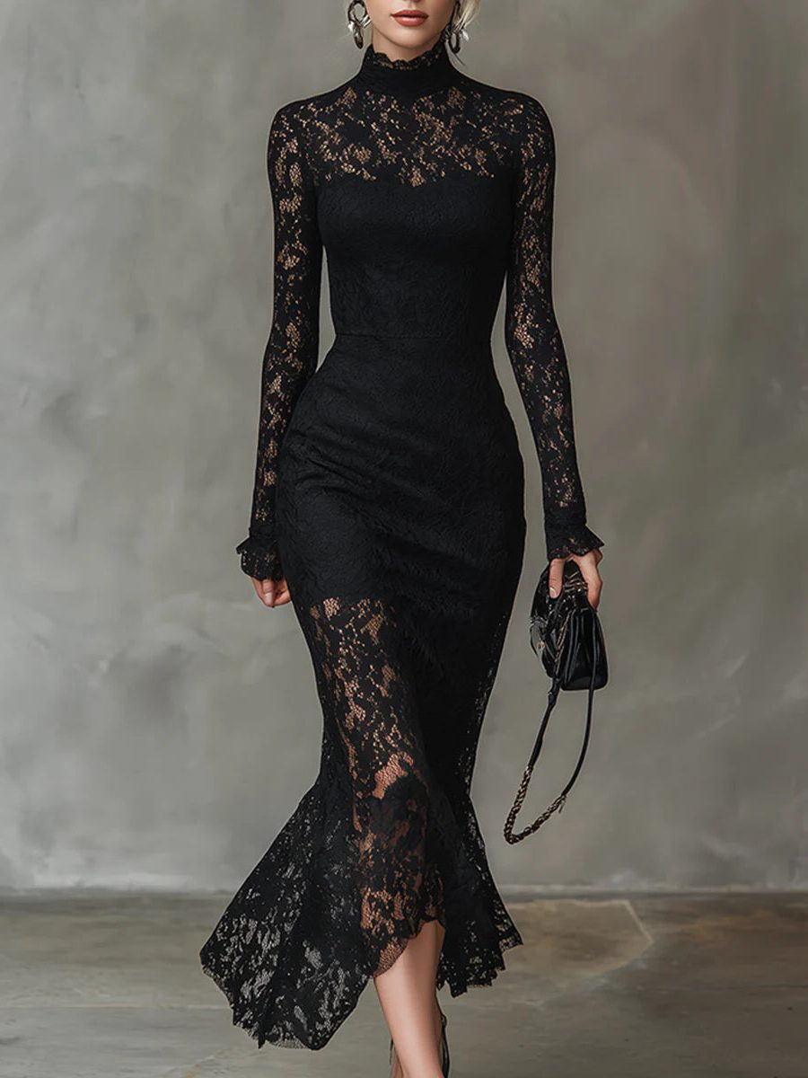 Vita | Lace Fishtail Maxi Dress with High Neck for Women