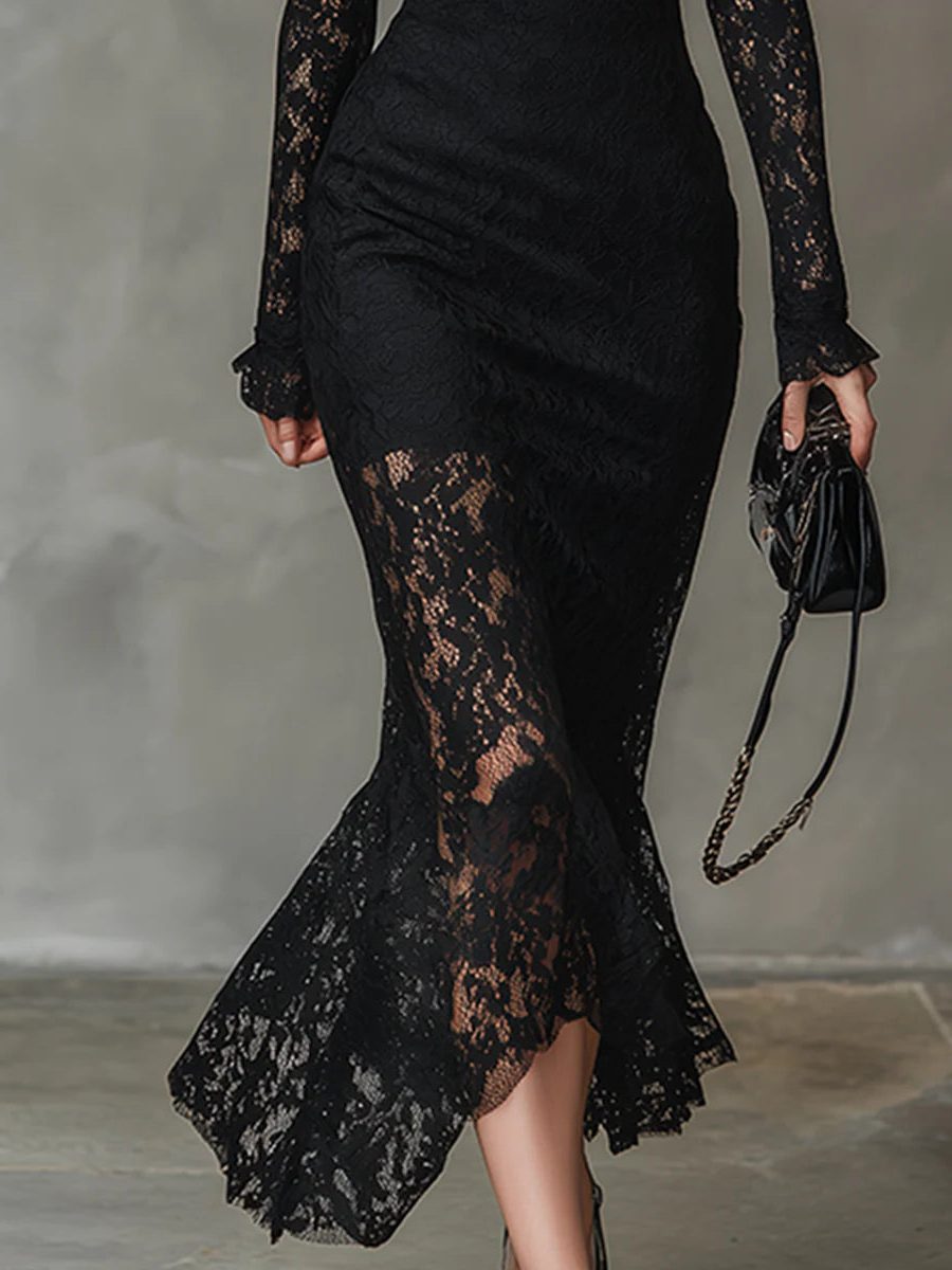 Vita | Lace Fishtail Maxi Dress with High Neck for Women