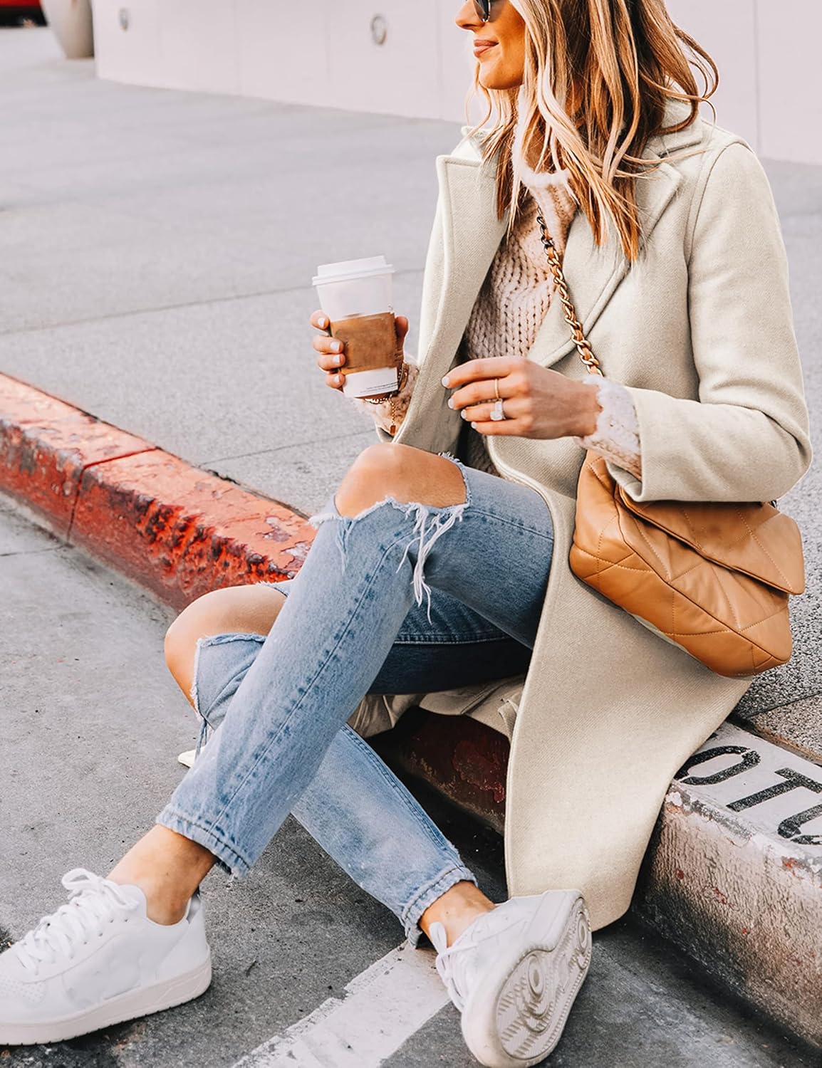 Women's Double-Breasted Longline Coat with Notch Lapels