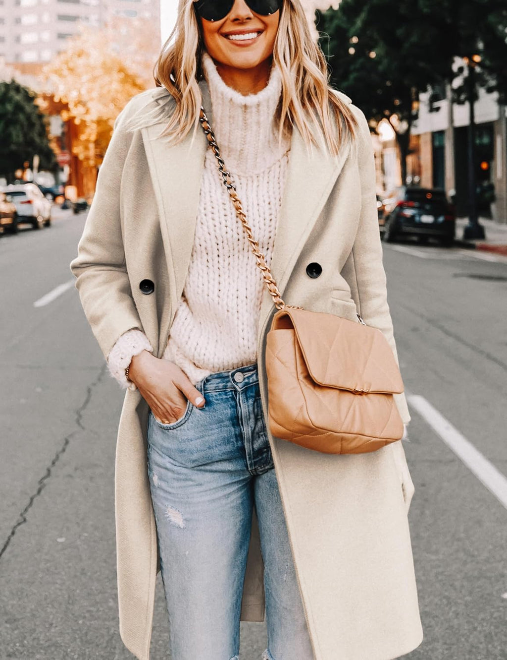 Women's Double-Breasted Longline Coat with Notch Lapels