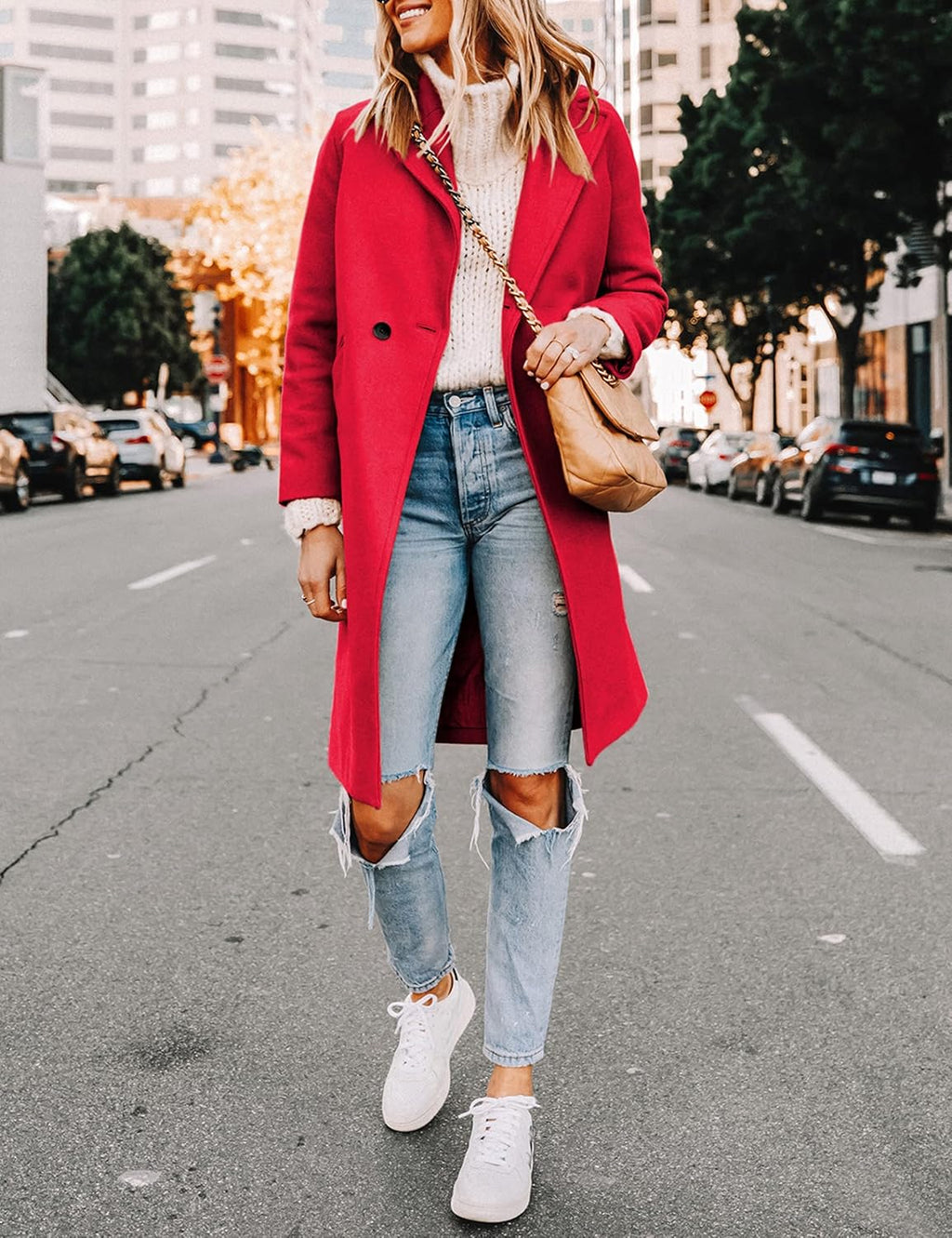 Women's Double-Breasted Longline Coat with Notch Lapels