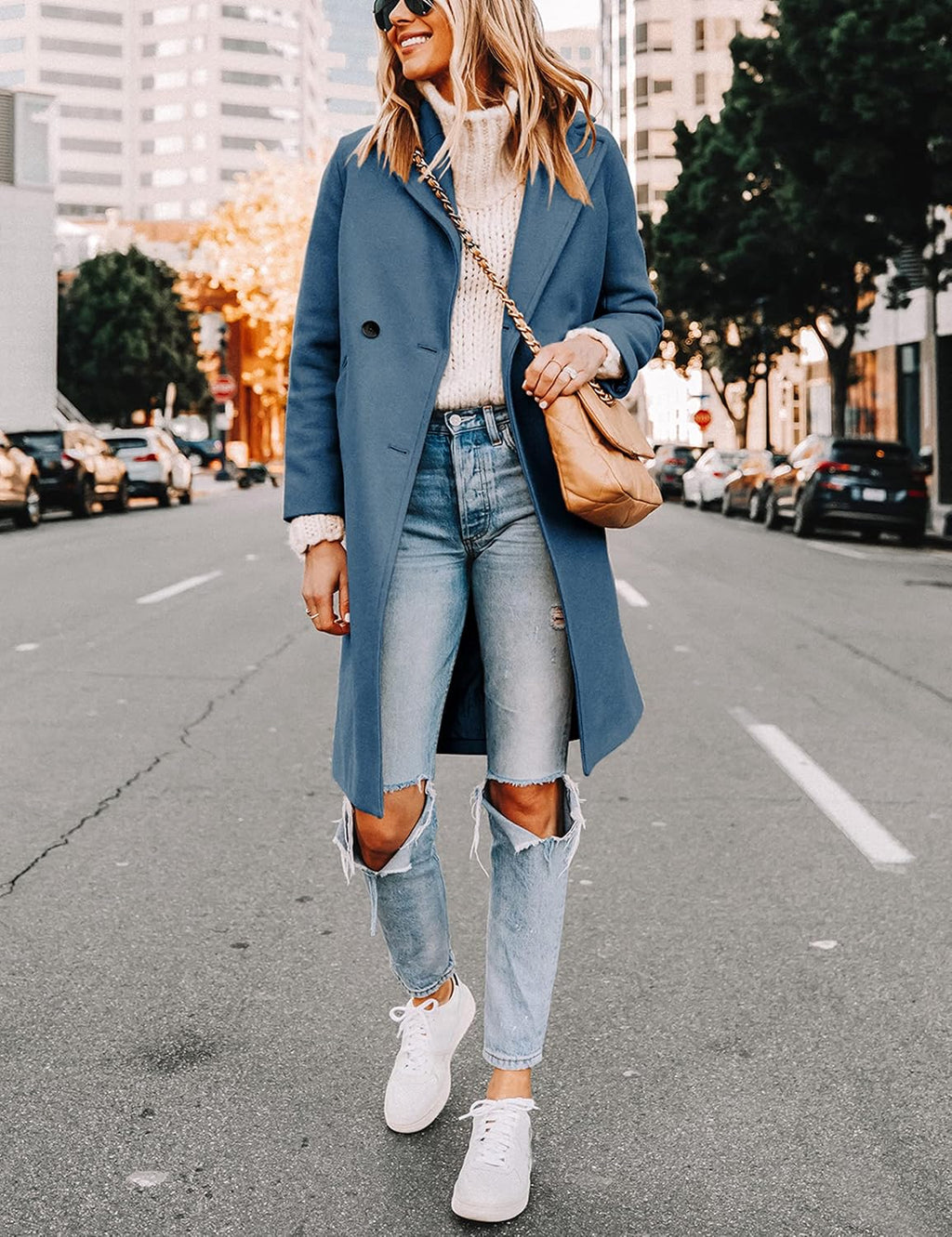 Women's Double-Breasted Longline Coat with Notch Lapels
