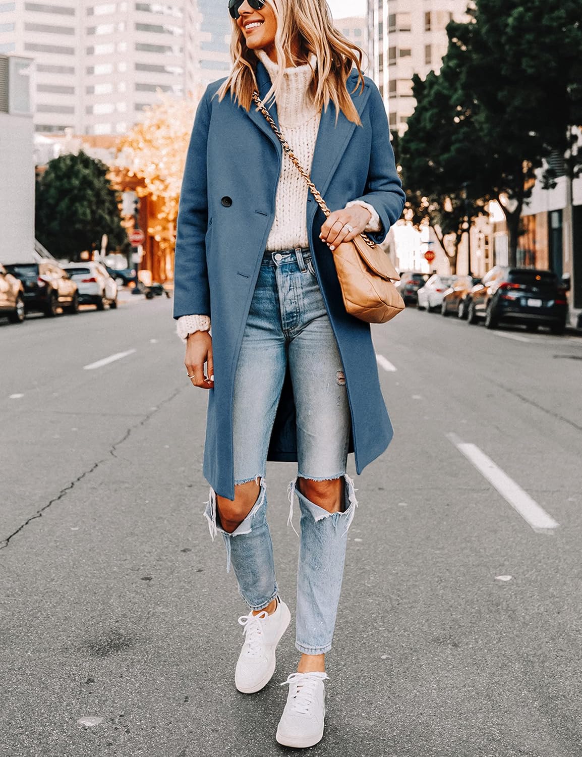 Women's Double-Breasted Longline Coat with Notch Lapels