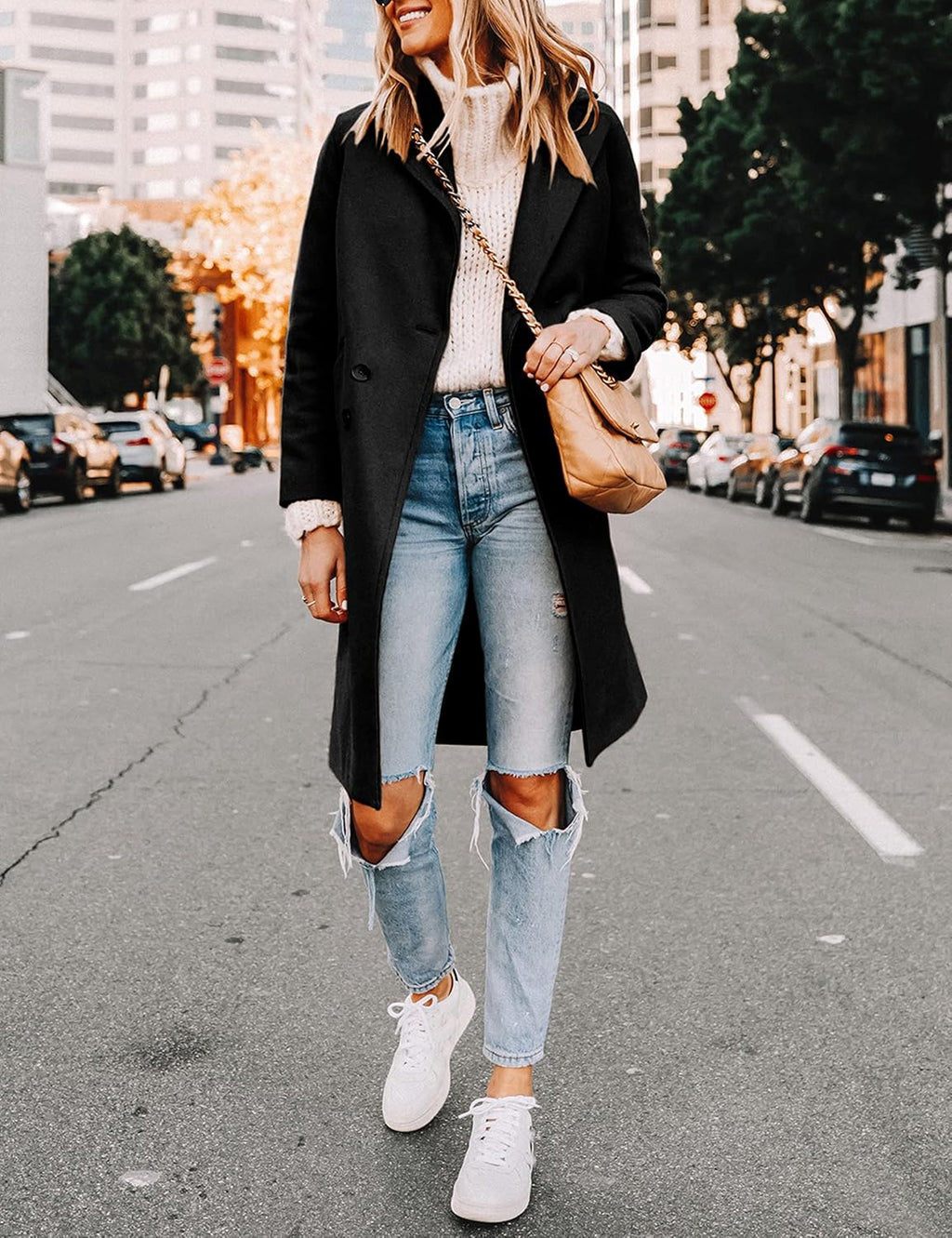 Women's Double-Breasted Longline Coat with Notch Lapels