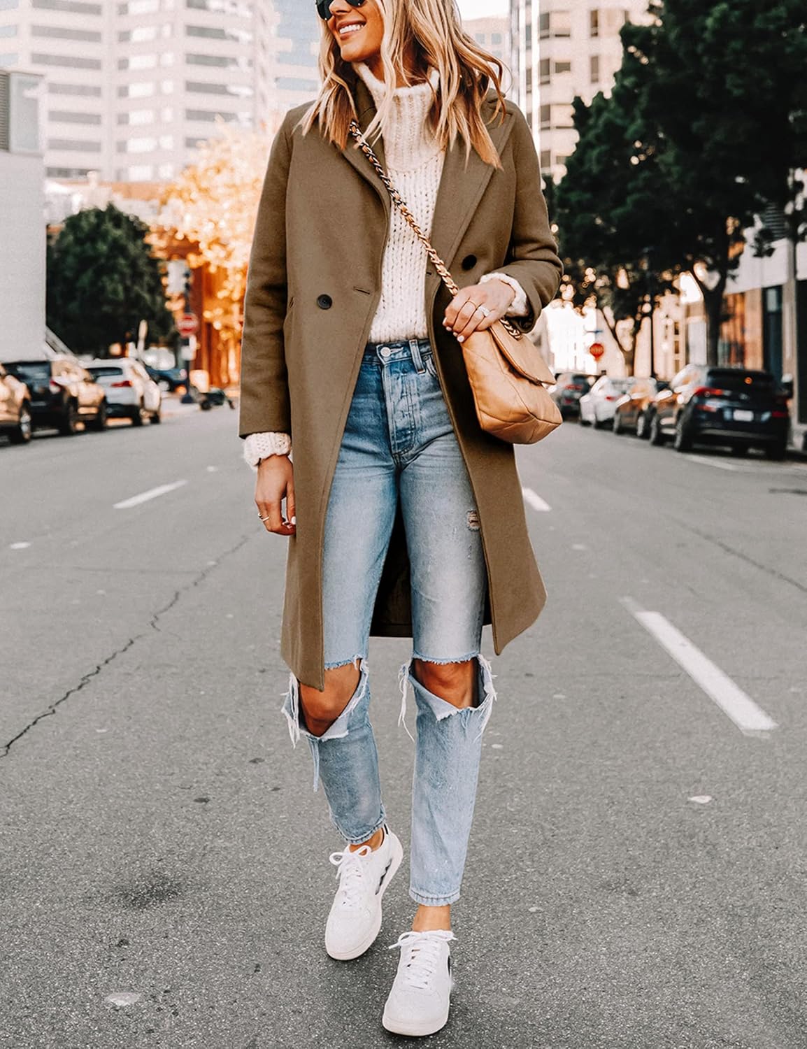 Women's Double-Breasted Longline Coat with Notch Lapels