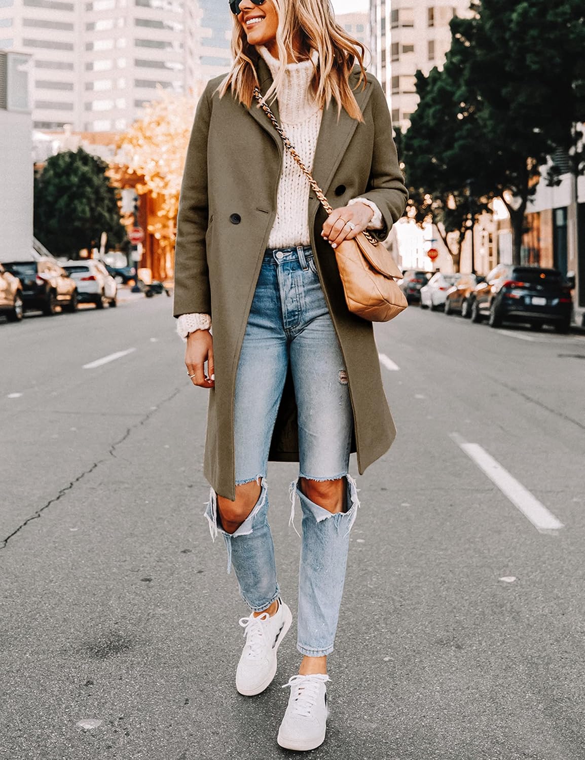 Women's Double-Breasted Longline Coat with Notch Lapels