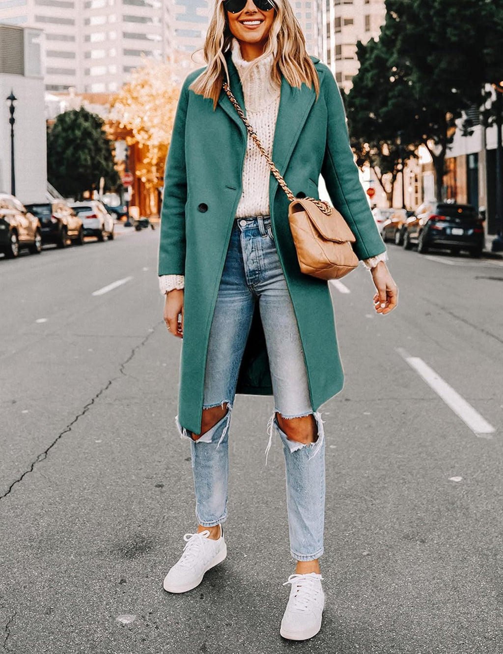Women's Double-Breasted Longline Coat with Notch Lapels