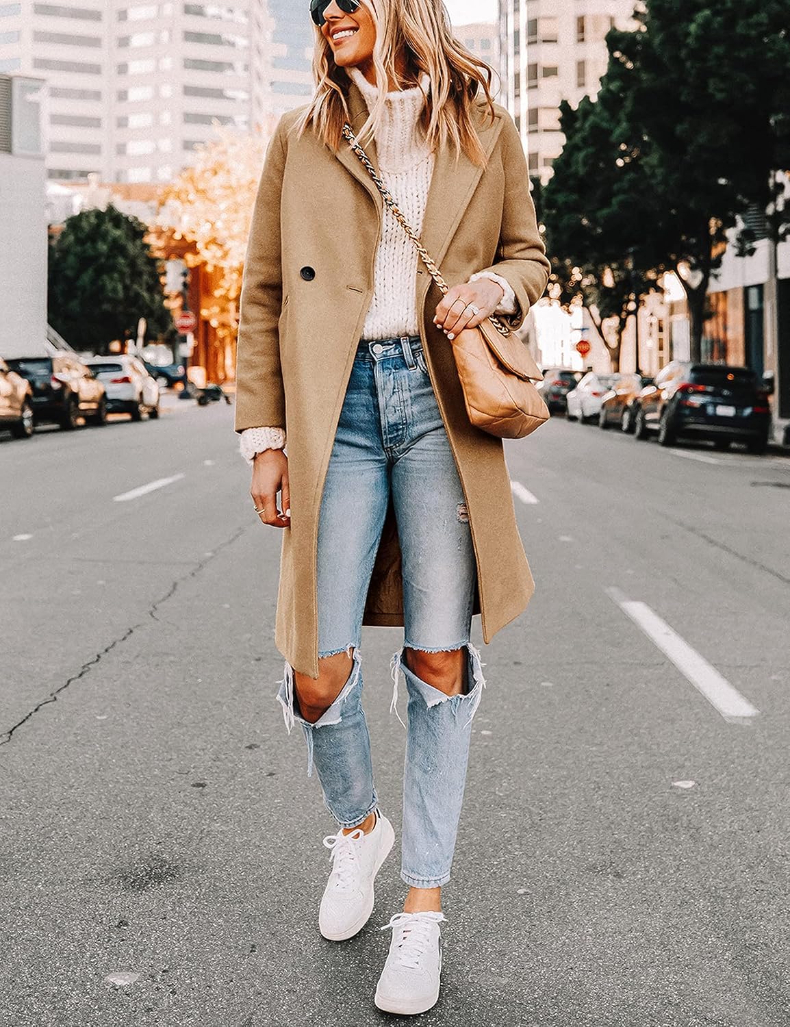 Women's Double-Breasted Longline Coat with Notch Lapels