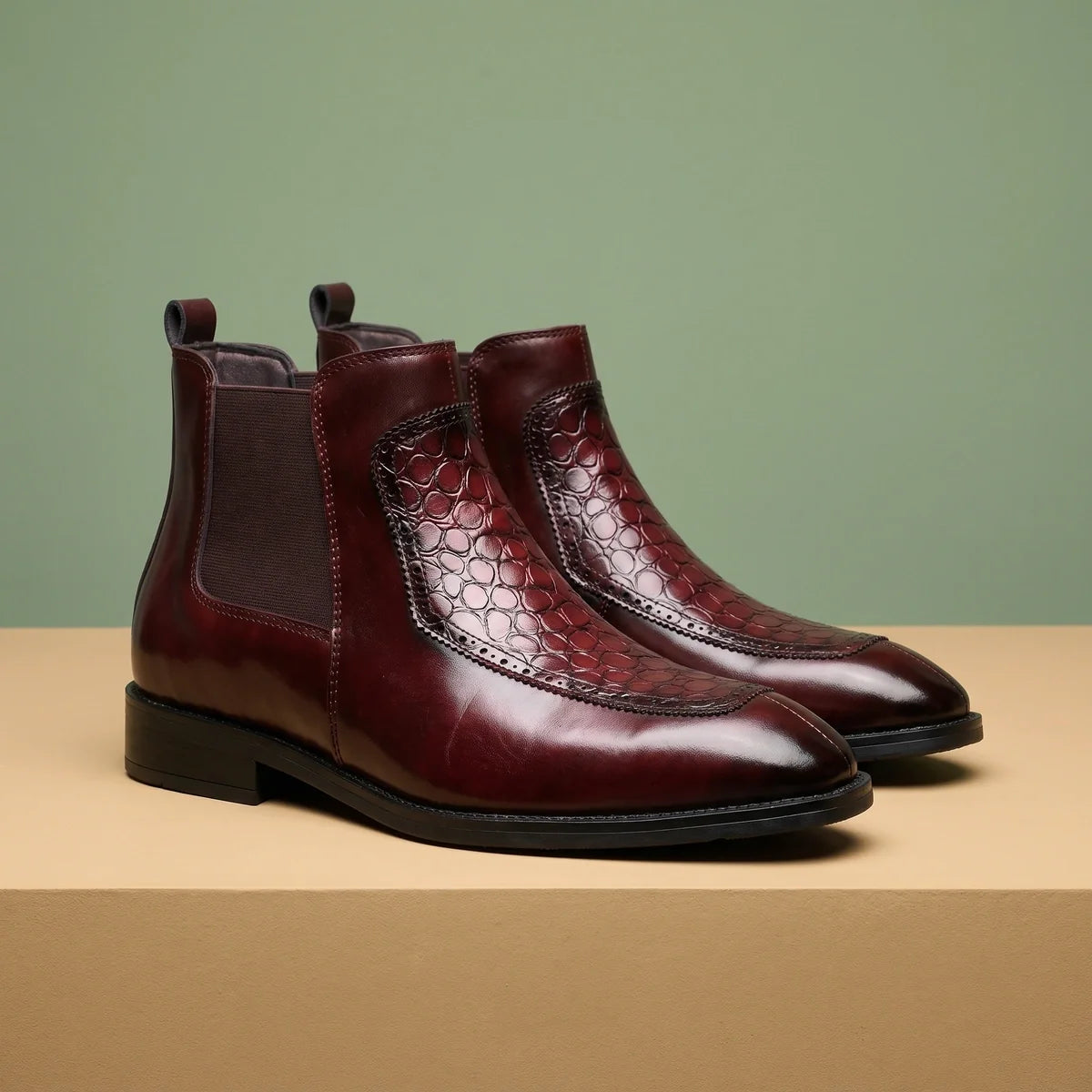 Laurent Polished Leather Croc Panel Chelsea Boots