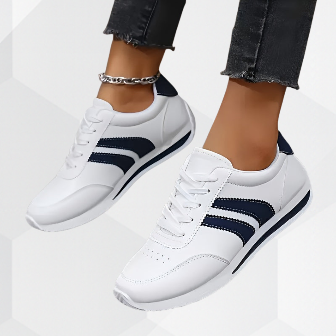 Women's White Striped Lace-Up Sneakers, Round Toe