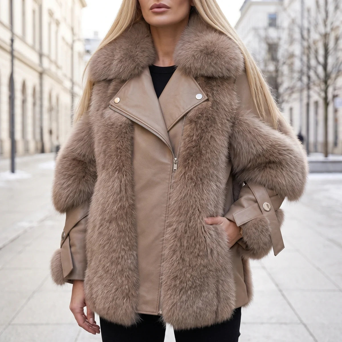 Leontine Faux Fur Panel Vegan Leather Biker Jacket