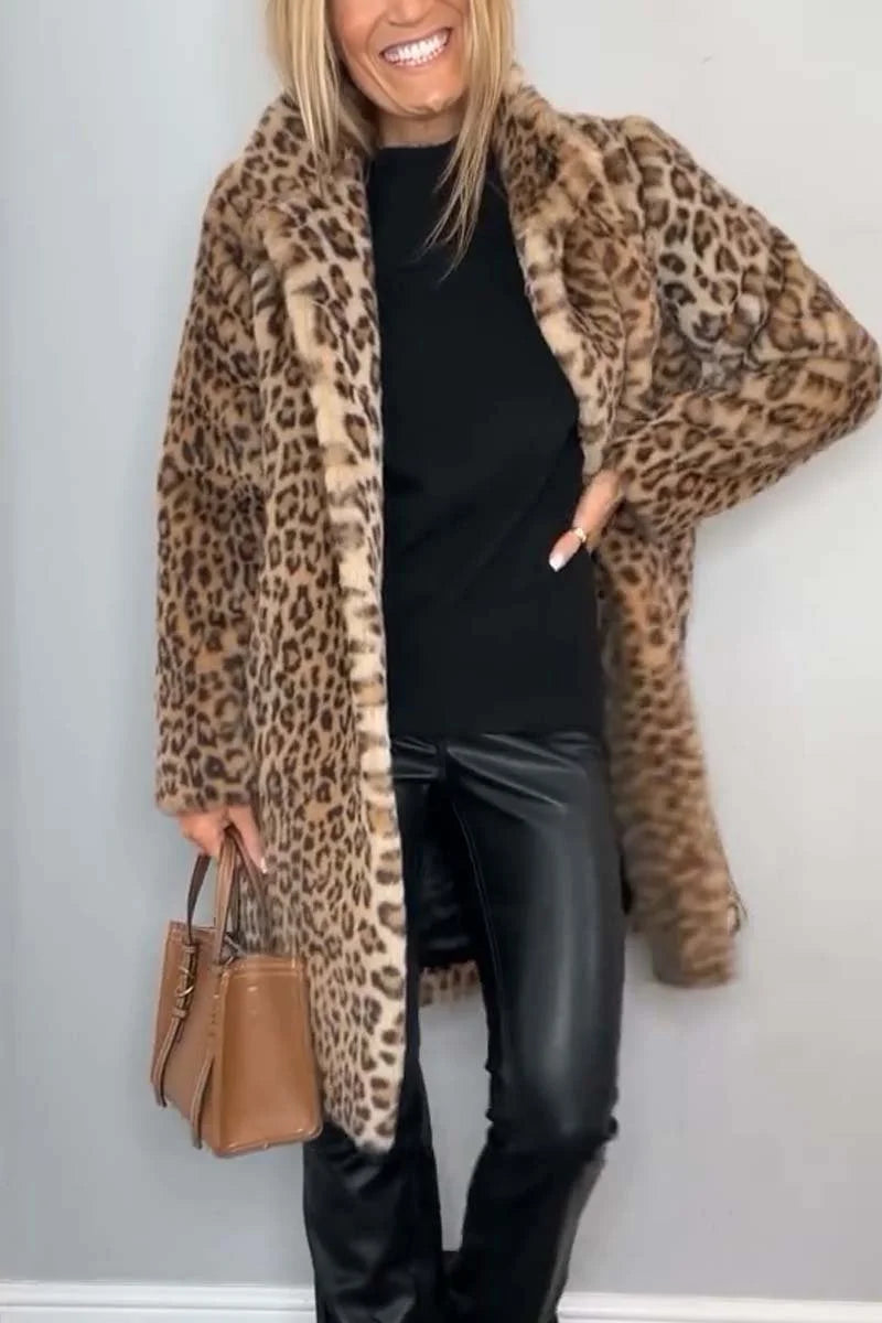 Women's leopard button-front notch lapel faux fur coat