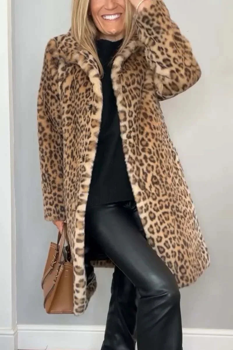 Women's leopard button-front notch lapel faux fur coat