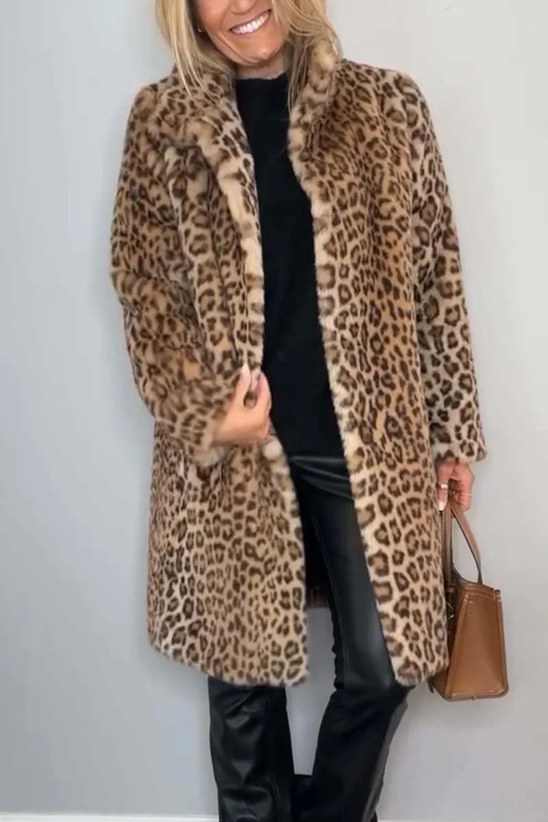 Women's leopard button-front notch lapel faux fur coat