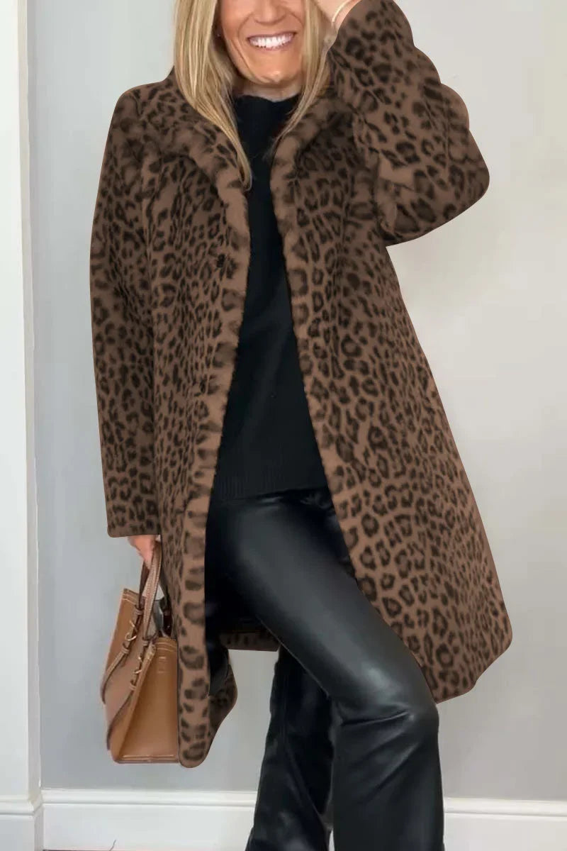 Women's leopard button-front notch lapel faux fur coat