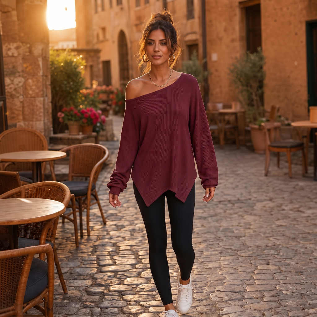 Veluna – Side-Slit Off-Shoulder Tunic Blouse
