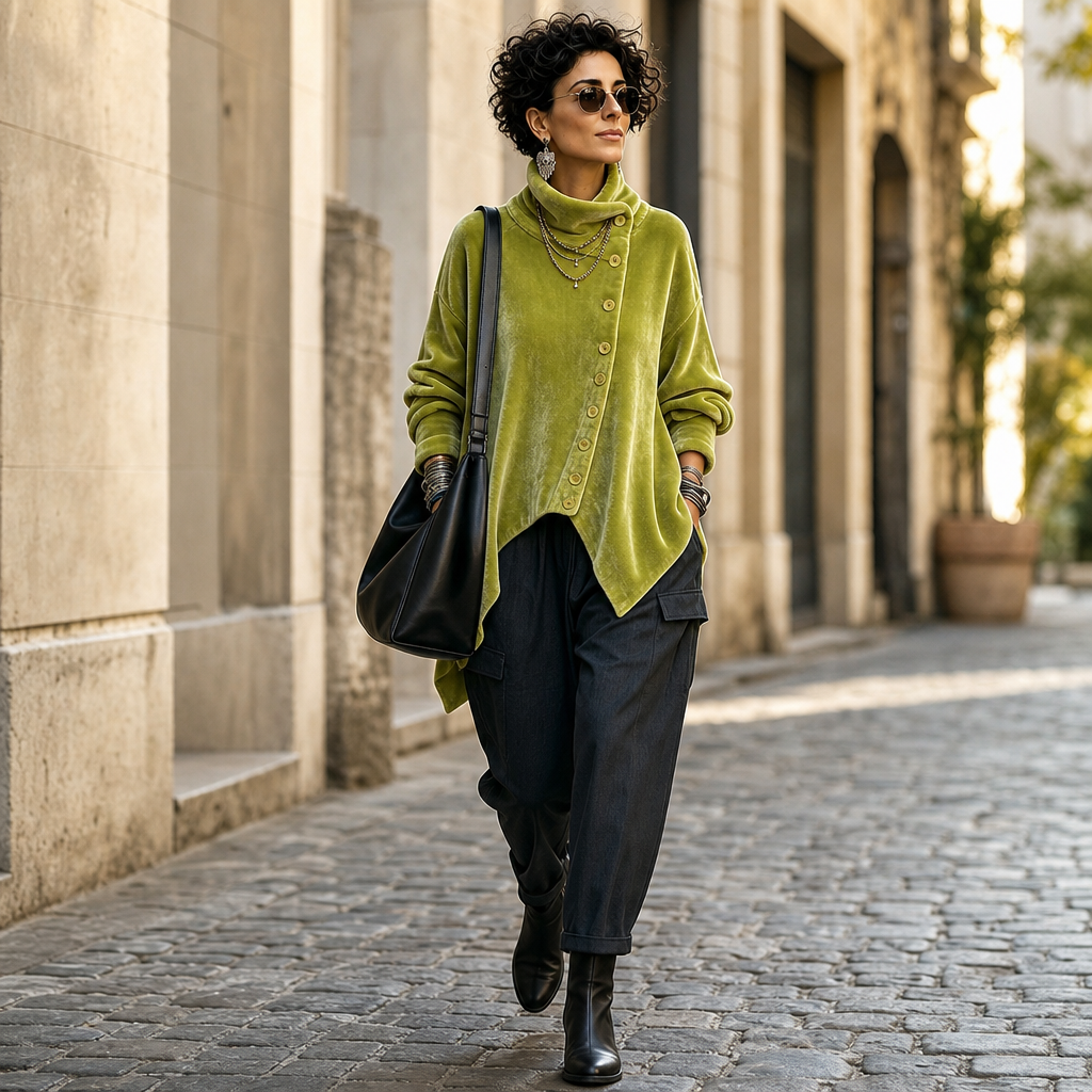 Velvara – Asymmetric Button Velvet Turtleneck Top