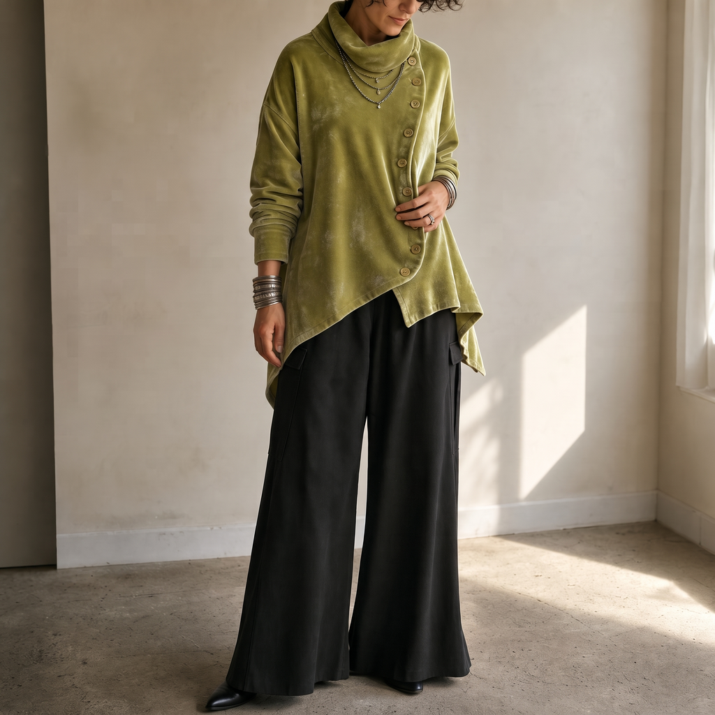 Velvara – Asymmetric Button Velvet Turtleneck Top