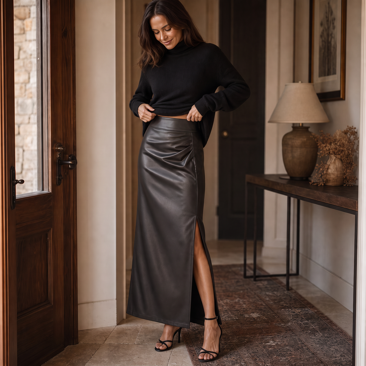 Velaire – High-Waisted Faux Leather Midi Skirt With Side Slit