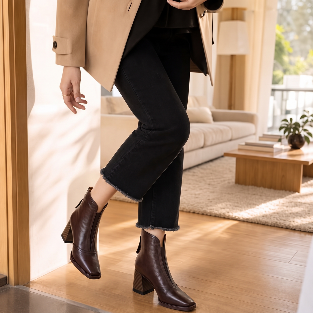 Norielle – Brown PU Leather Sculpted Heel Ankle Boots
