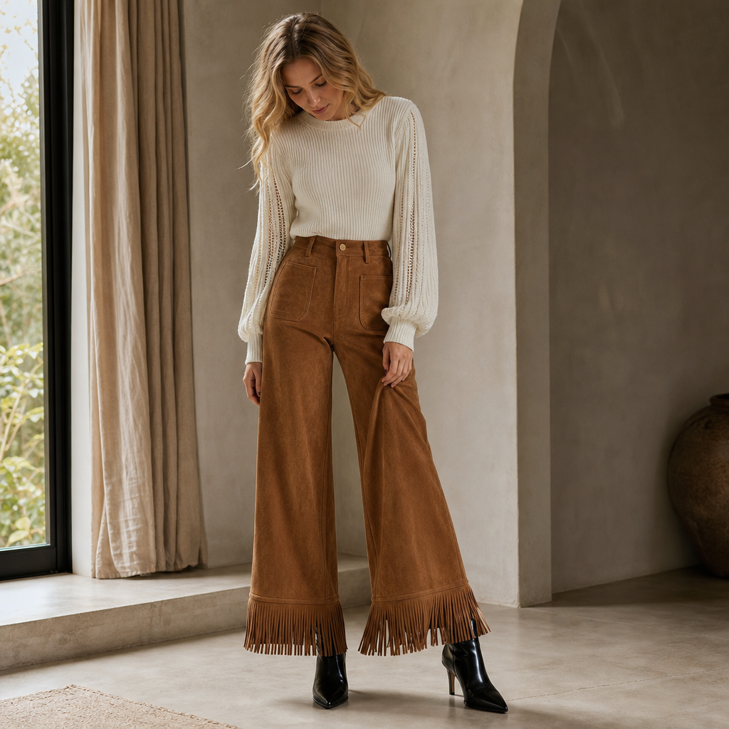 Suevera – Chic Fringe Accented Suede-Look Wide Leg Trousers