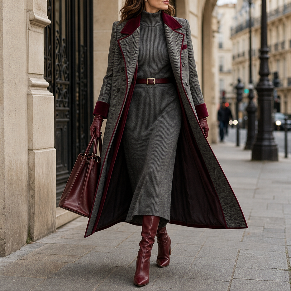Veloura – Burgundy Herringbone Long Coat