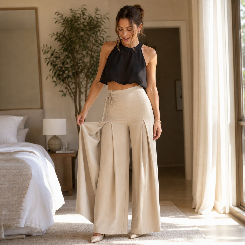 Vela – Asymmetric Draped Front High-Waisted Wide-Leg Trousers