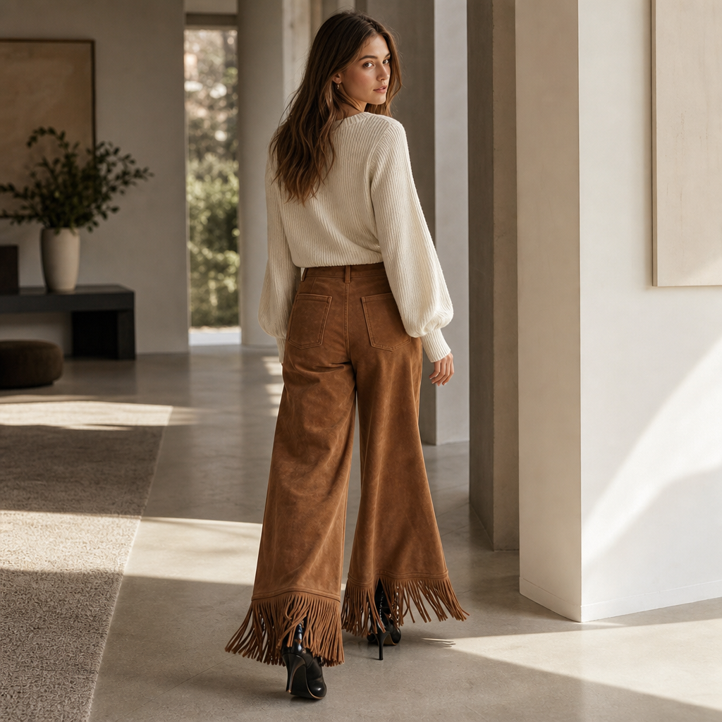 Suevera – Chic Fringe Accented Suede-Look Wide Leg Trousers