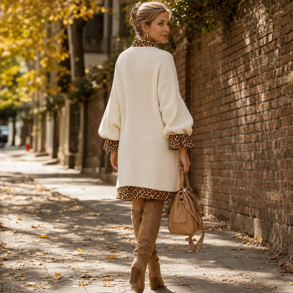 Leopardia – Leopard-Trim Knit Long Sleeve Mini Dress
