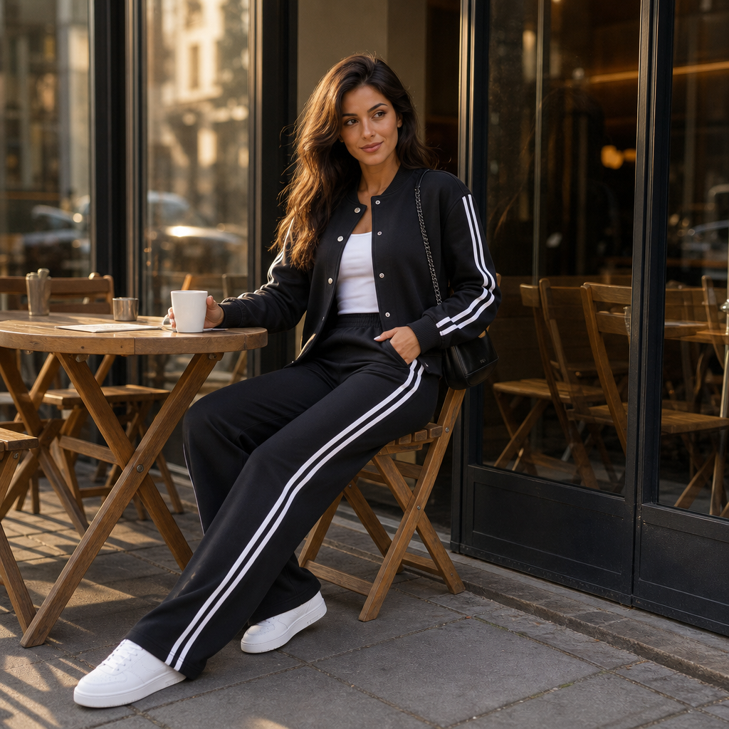 Wearbella – Contrast-Stripe High-Waisted Wide-Leg Loungewear Set