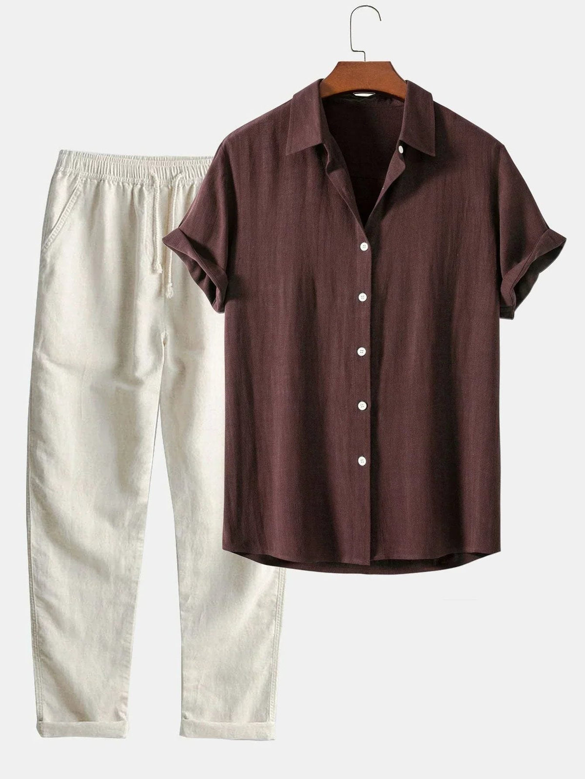 Linen Button-Down Shirt and Straight Leg Trousers Set for Men